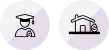 Image of two icons showing a student in a graduation cap and a house, both with dollar signs.